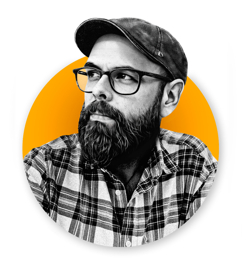 Illustrated portrait of Mike with a yellow circle background