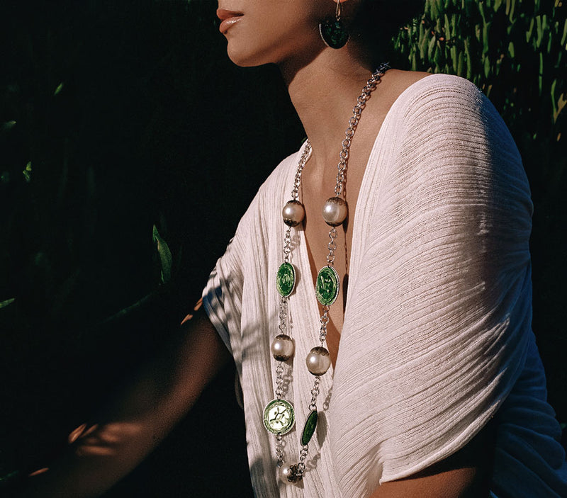 Model wearing a Di Paola Creations recycled coffee pod necklace